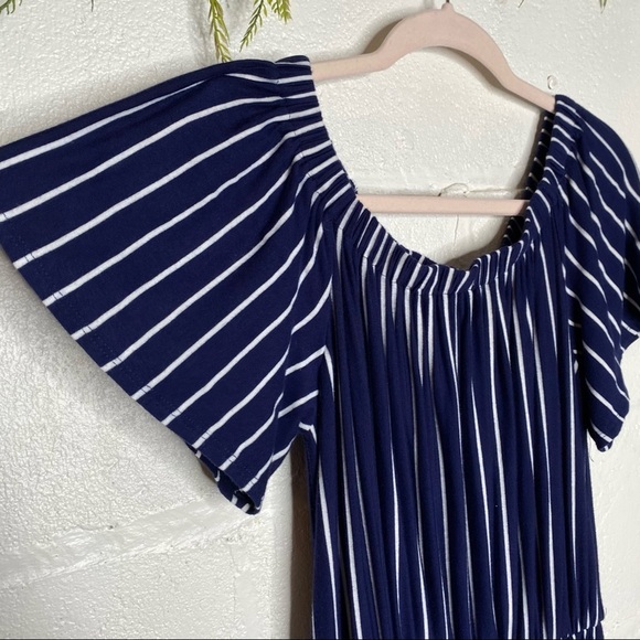 Gianni Bini Navy Blue & White Striped Off The Shoulder Midi Dress Size Large - Picture 2 of 7